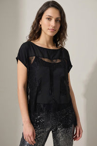 μαύρη μπλούζα δαντέλα με διαφάνεια και κοντό μανίκι