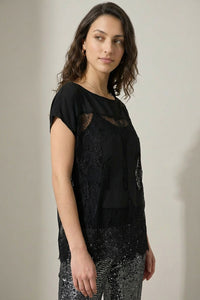 μαύρη μπλούζα δαντέλα με διαφάνεια και κοντό μανίκι