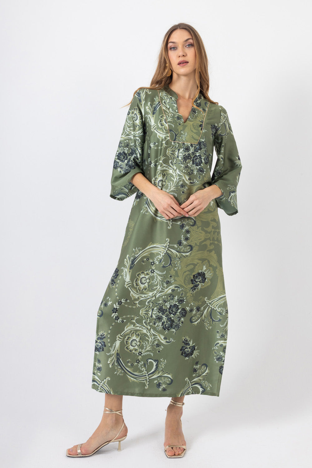 Midi λαδί φόρεμα με baroque floral σχέδιο και 3/4 μανίκια