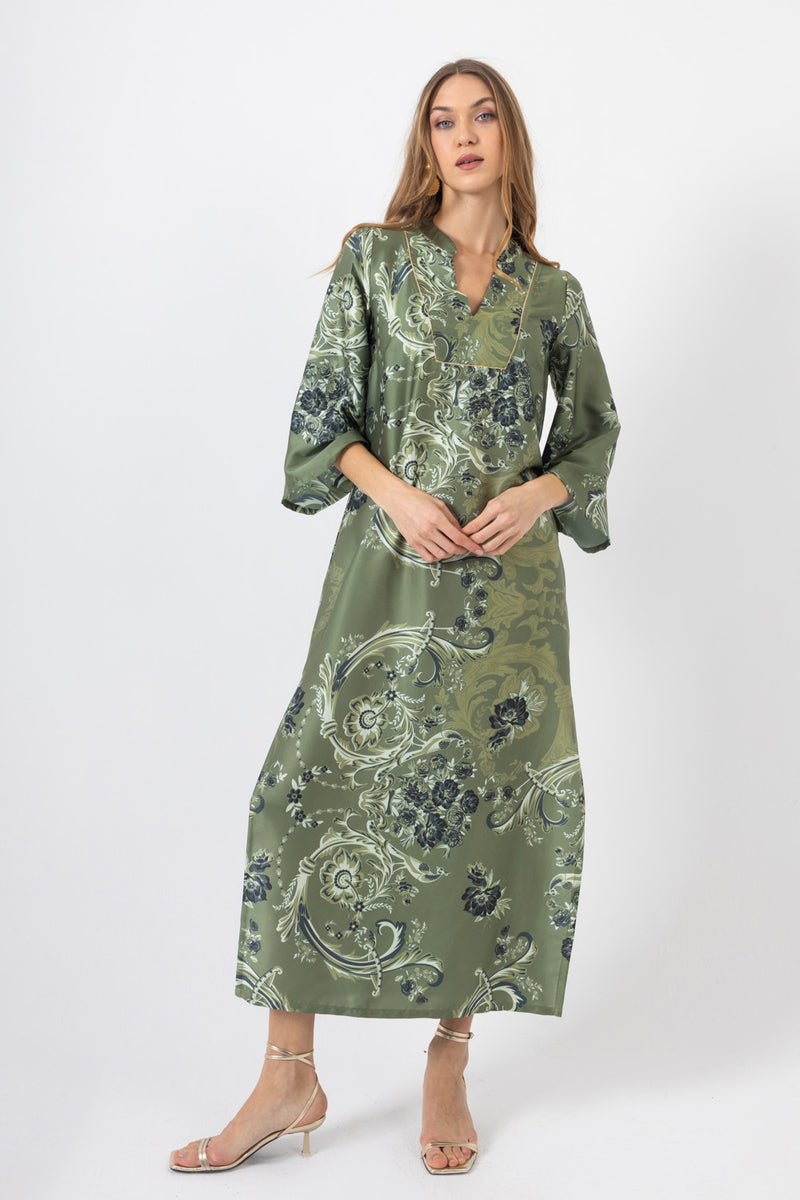 Midi λαδί φόρεμα με baroque floral σχέδιο και 3/4 μανίκια
