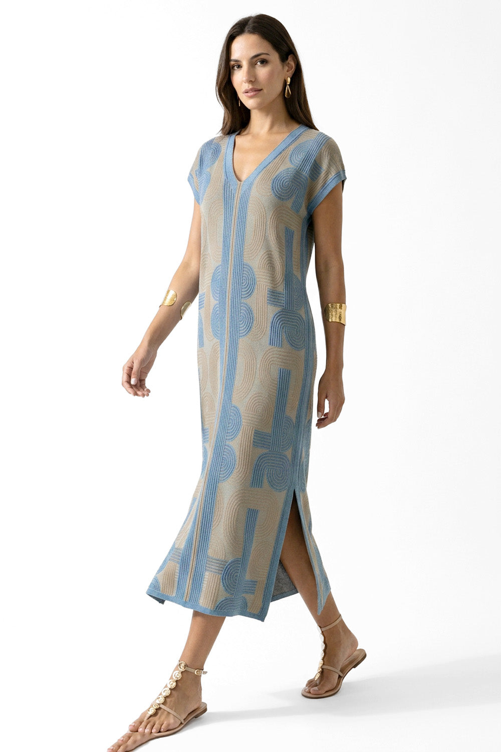 Μίντι φόρεμα lurex lyocell με V λαιμόκοψη σε ίσια γραμμή και διακριτική λάμψη