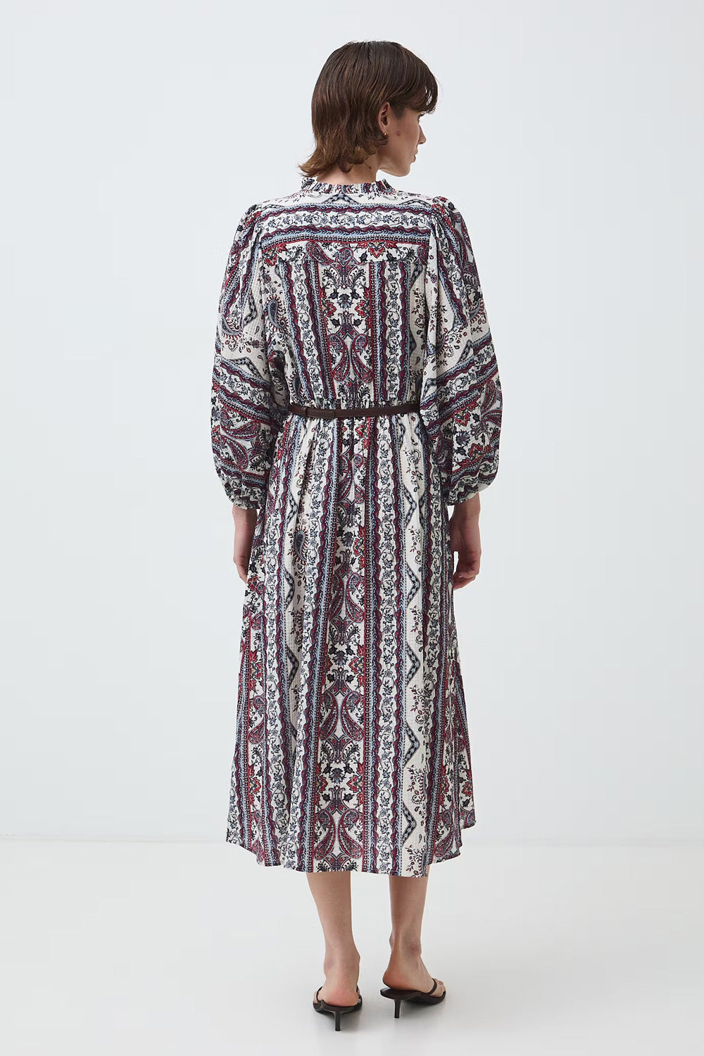 Γυναικείο midi φόρεμα Paisley Boheme ivory με V λαιμόκοψη και μακριά φαρδιά μανίκια