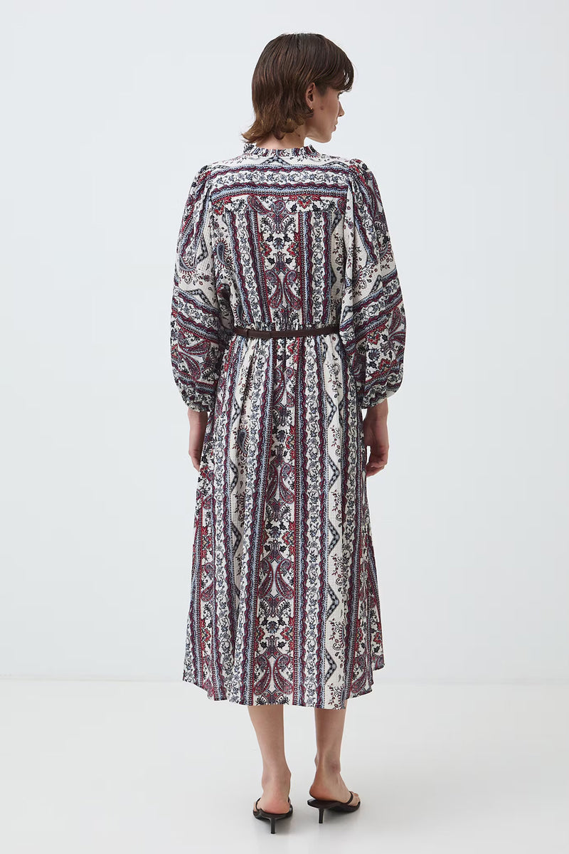 Γυναικείο midi φόρεμα Paisley Boheme ivory με V λαιμόκοψη και μακριά φαρδιά μανίκια