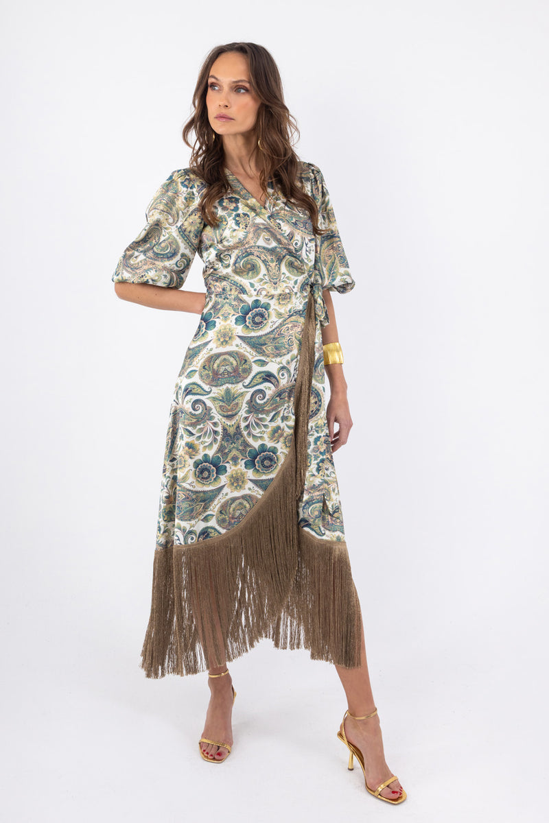 midi κρουαζέ φόρεμα με paisley σχέδιο και κρόσσια στο τελείωμα