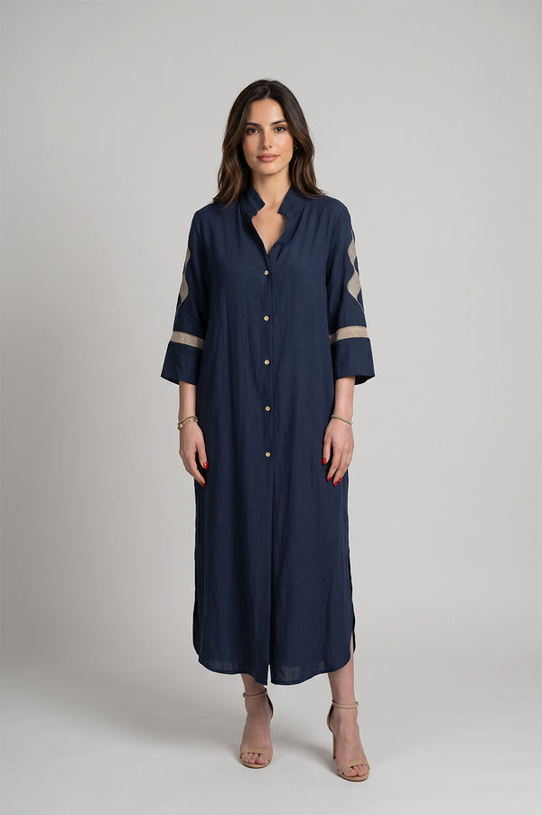 Μίντι μπλε shirt dress με κουμπιά μπροστά και χρυσό κέντημα στα μανίκια σε χαλαρή γραμμή