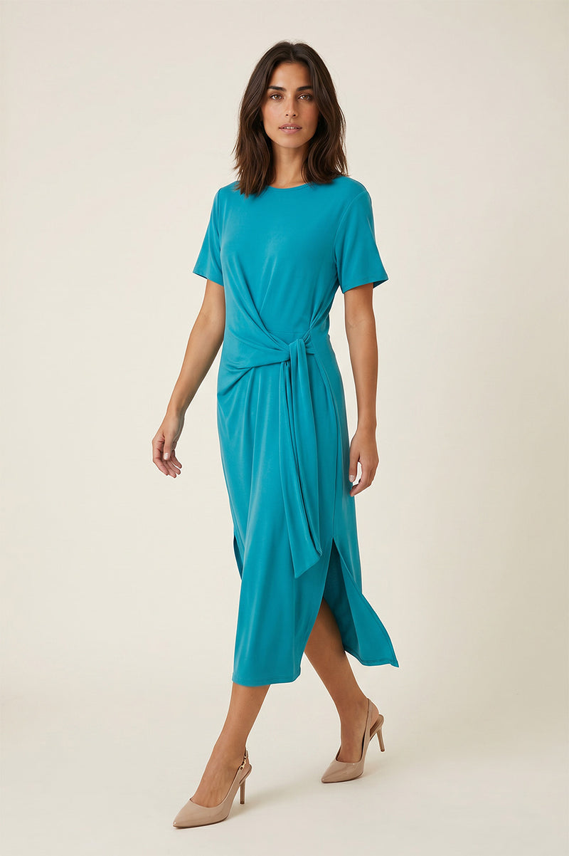 Midi πετρόλ φόρεμα με draped δέσιμο στη μέση και πλαϊνά ανοίγματα στο τελείωμα