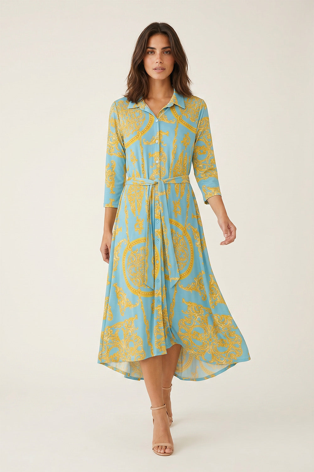 Midi shirt dress σε sky blue με χρυσό baroque print και δέσιμο στη μέση.