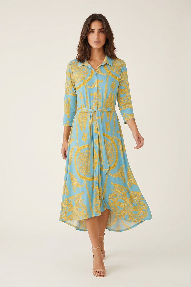 Midi shirt dress σε sky blue με χρυσό baroque print και δέσιμο στη μέση.