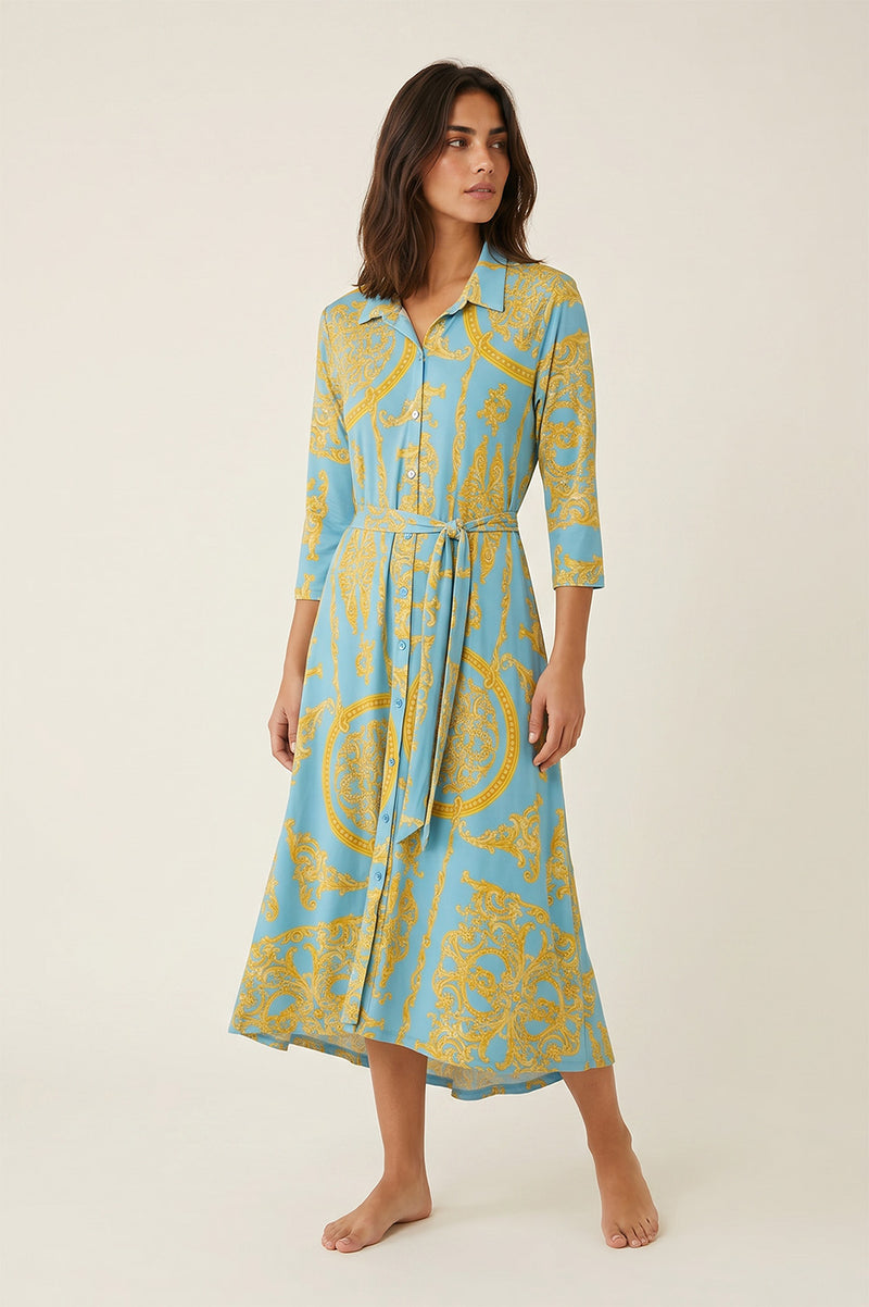 Midi shirt dress σε sky blue με χρυσό baroque print και δέσιμο στη μέση.