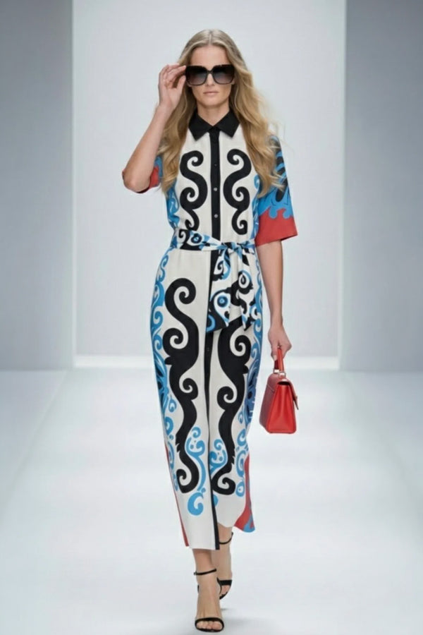 Midi Shirt Φόρεμα με Graphic Print Εκρού