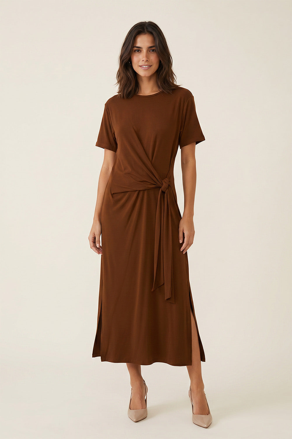 Midi Φόρεμα με Draped Δέσιμο Σοκολατί