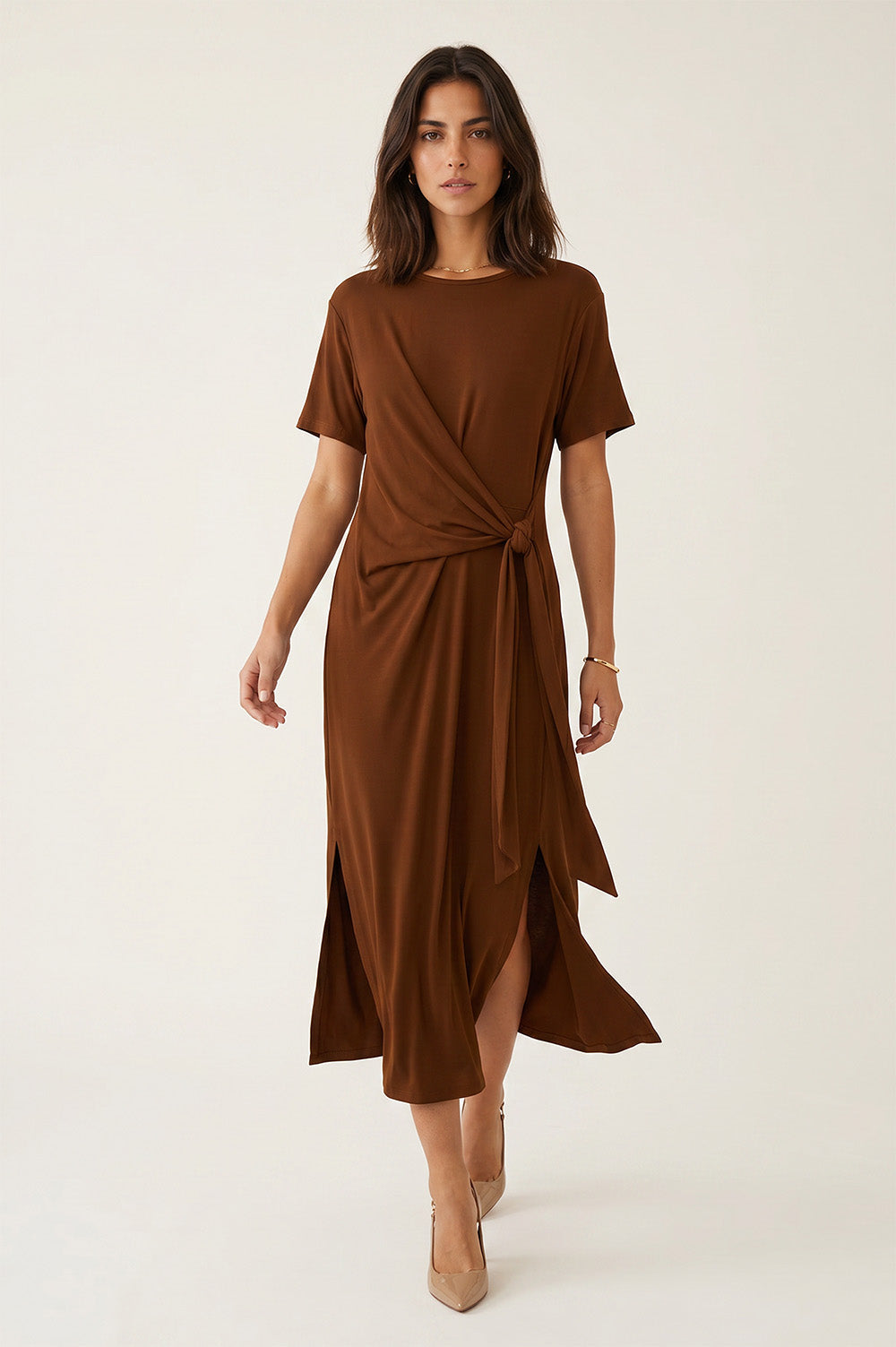 Midi Φόρεμα με Draped Δέσιμο Σοκολατί