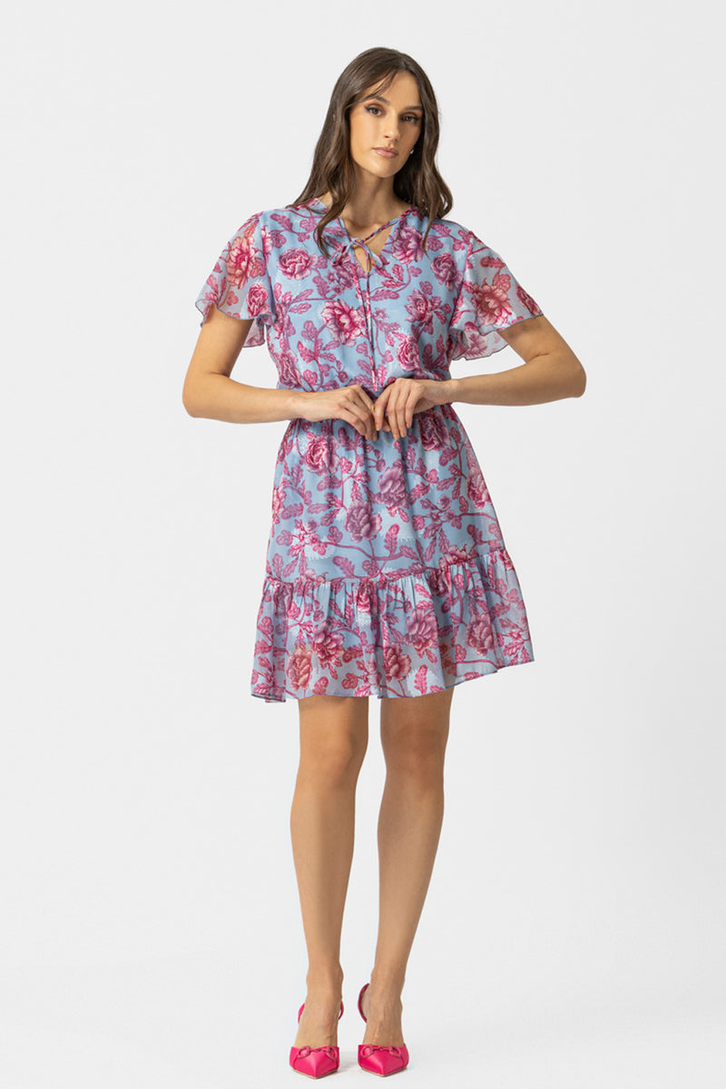 Γυναικείο mini φόρεμα σιέλ με ροζ floral σχέδιο και βολάν στο τελείωμα