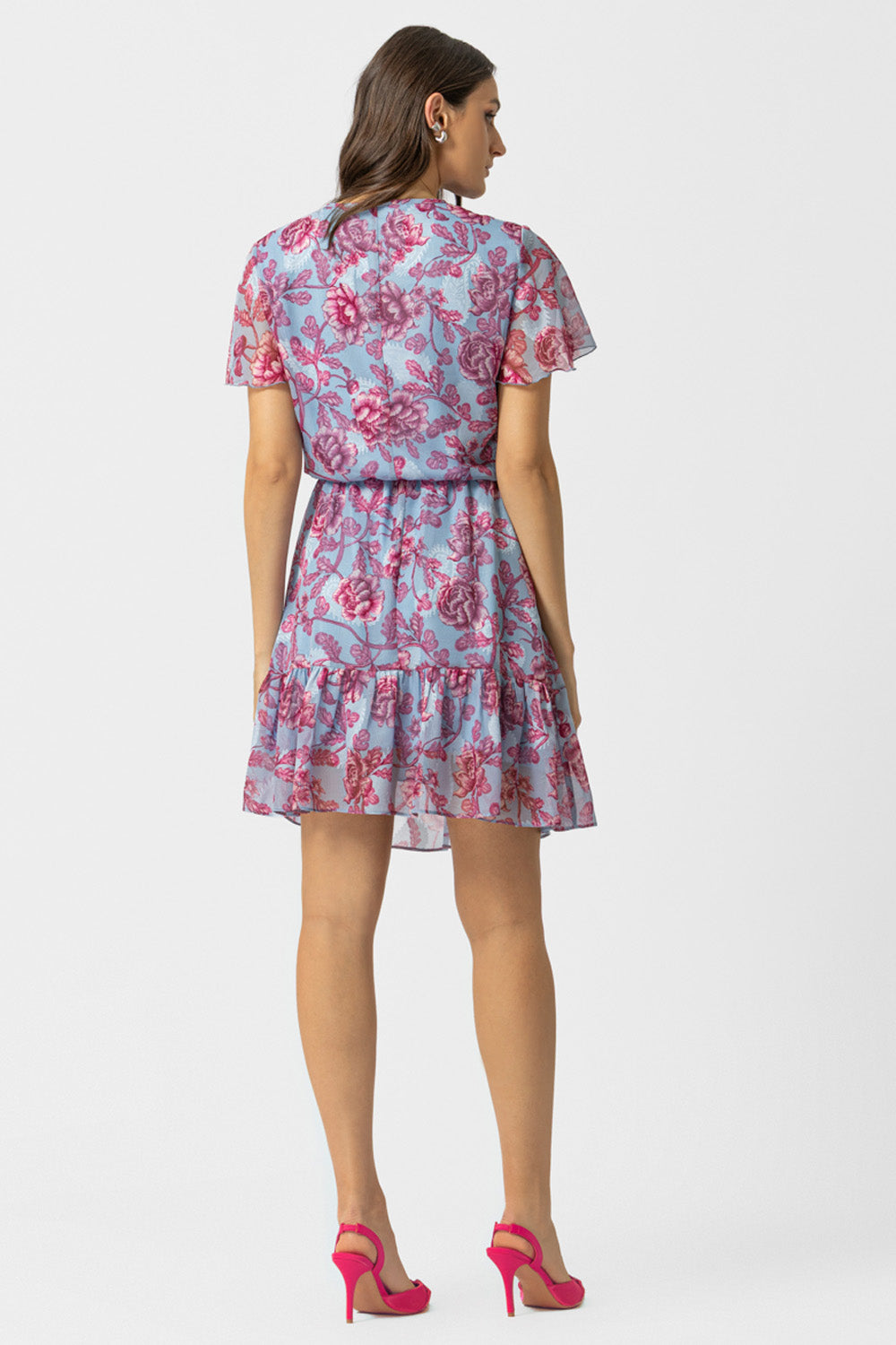 Γυναικείο mini φόρεμα σιέλ με ροζ floral σχέδιο και βολάν στο τελείωμα
