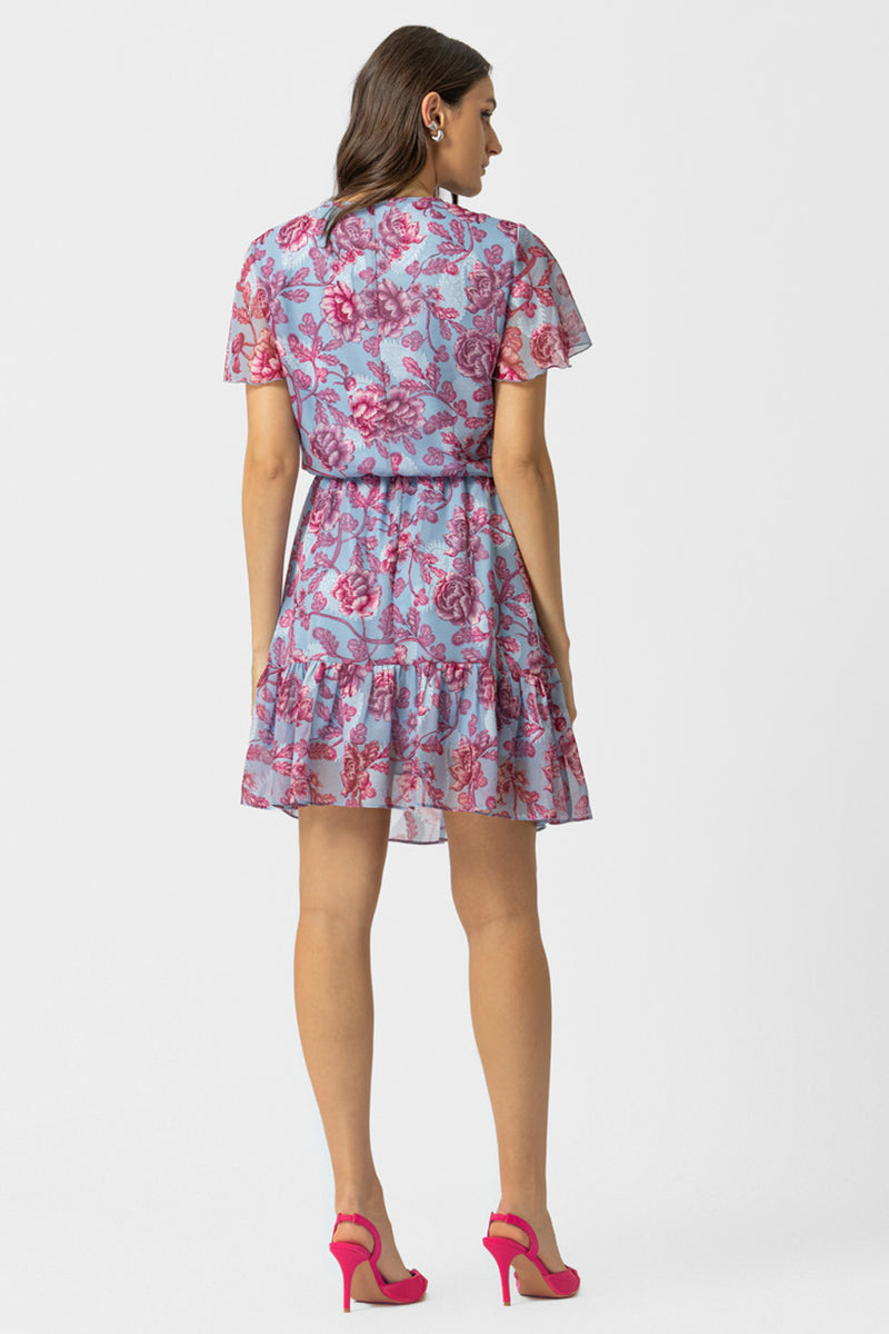 Γυναικείο mini φόρεμα σιέλ με ροζ floral σχέδιο και βολάν στο τελείωμα