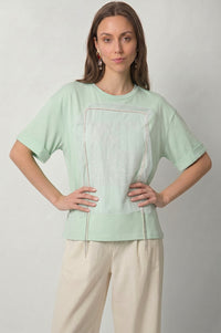 Mint T-Shirt με Τούλινη Απλικέ και Κέντημα
