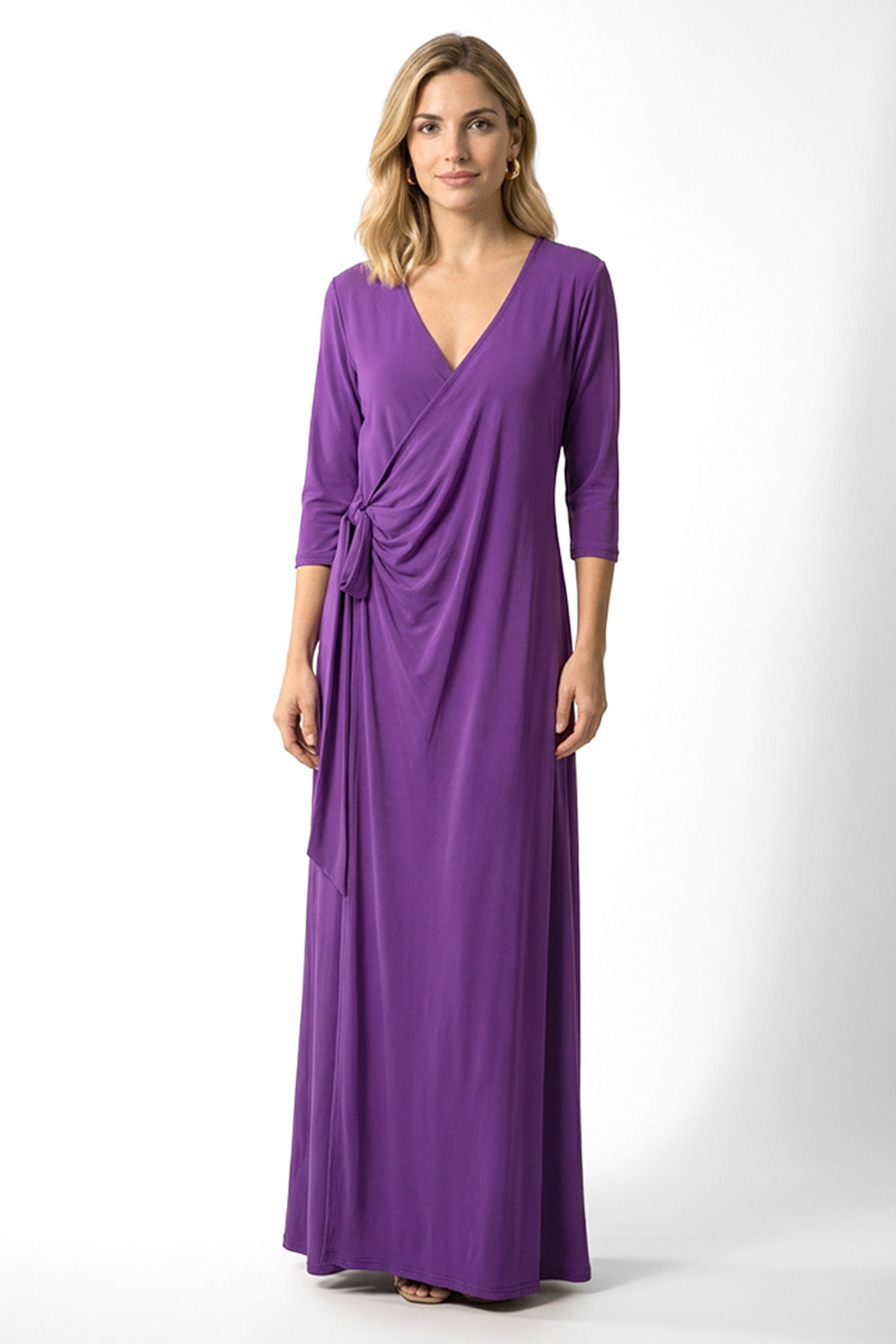 Μωβ μάξι φόρεμα κρουαζέ με μανίκια 3/4 και δέσιμο στη μέση