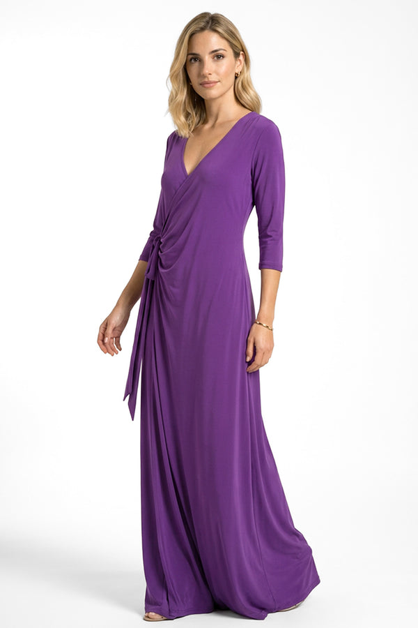 Μωβ μάξι φόρεμα κρουαζέ με μανίκια 3/4 και δέσιμο στη μέση