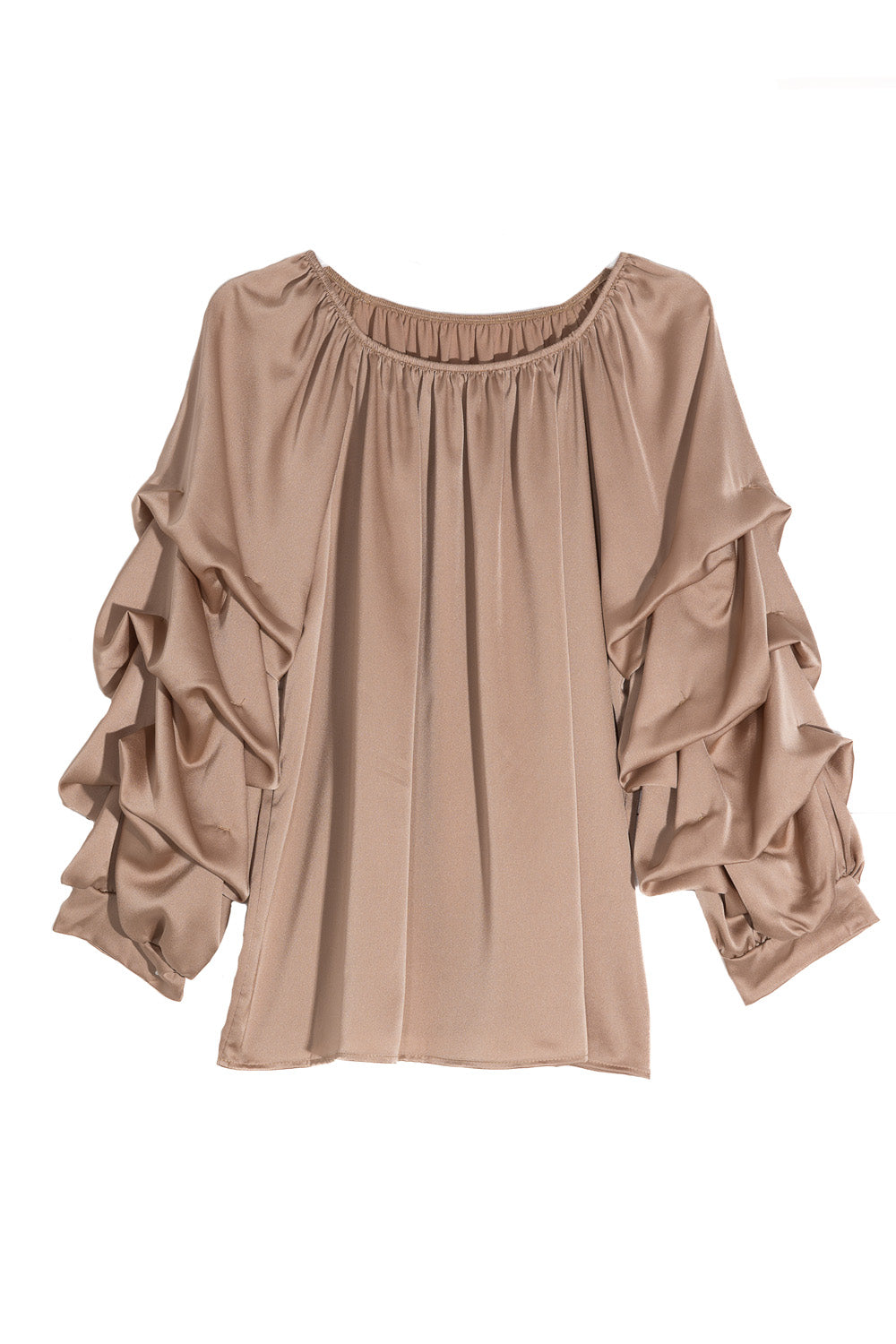 Μπεζ σατινέ μπλούζα με βολάν στα μανίκια – Ellisargi Boutique