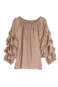 Μπεζ σατινέ μπλούζα με βολάν στα μανίκια – Ellisargi Boutique