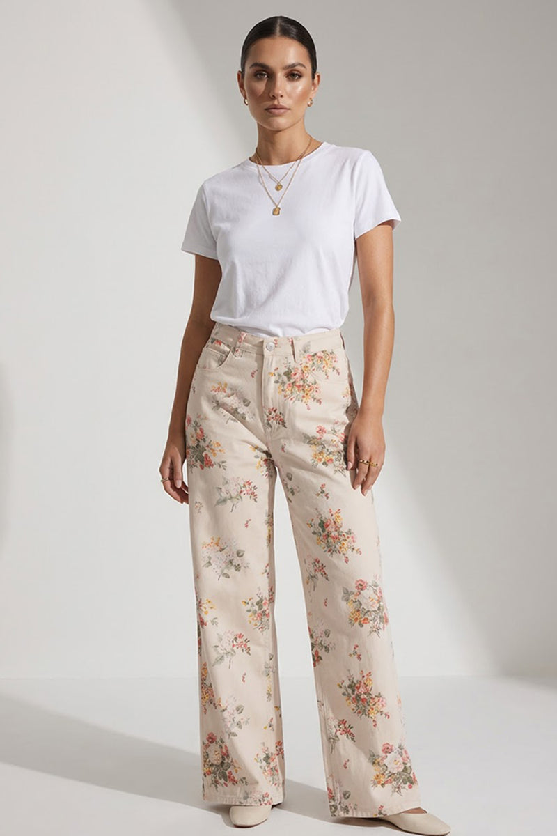 Μπεζ ψηλόμεση παντελόνα με floral print και φαρδύ πόδι.