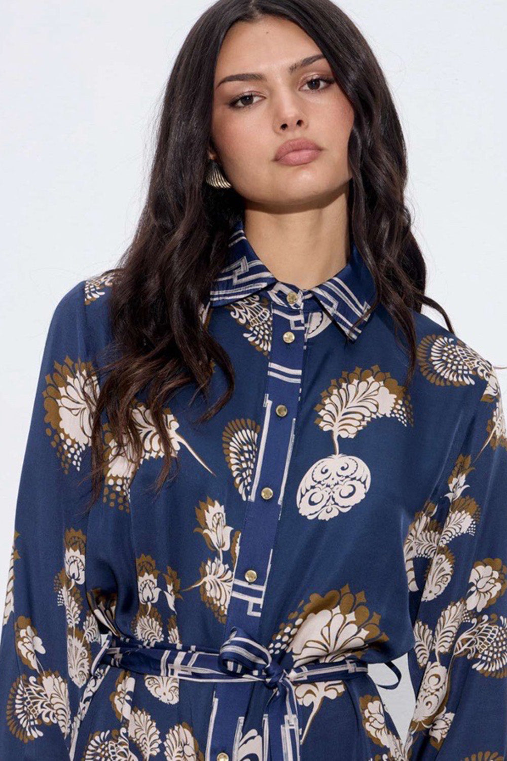 Μπλε φόρεμα με ζώνη και μπεζ-καφέ print, Ellisargi Boutique