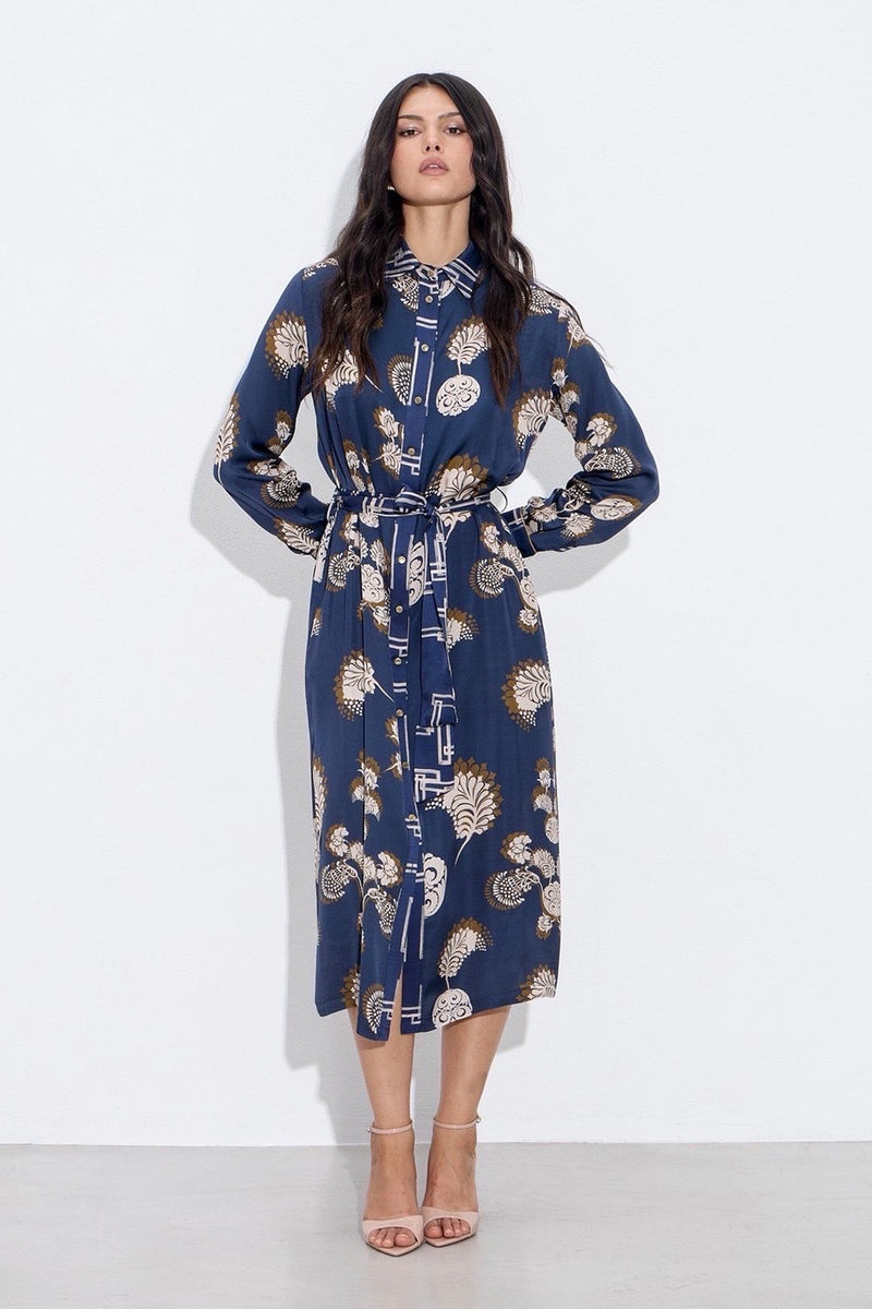 Μπλε φόρεμα με ζώνη και μπεζ-καφέ print, Ellisargi Boutique