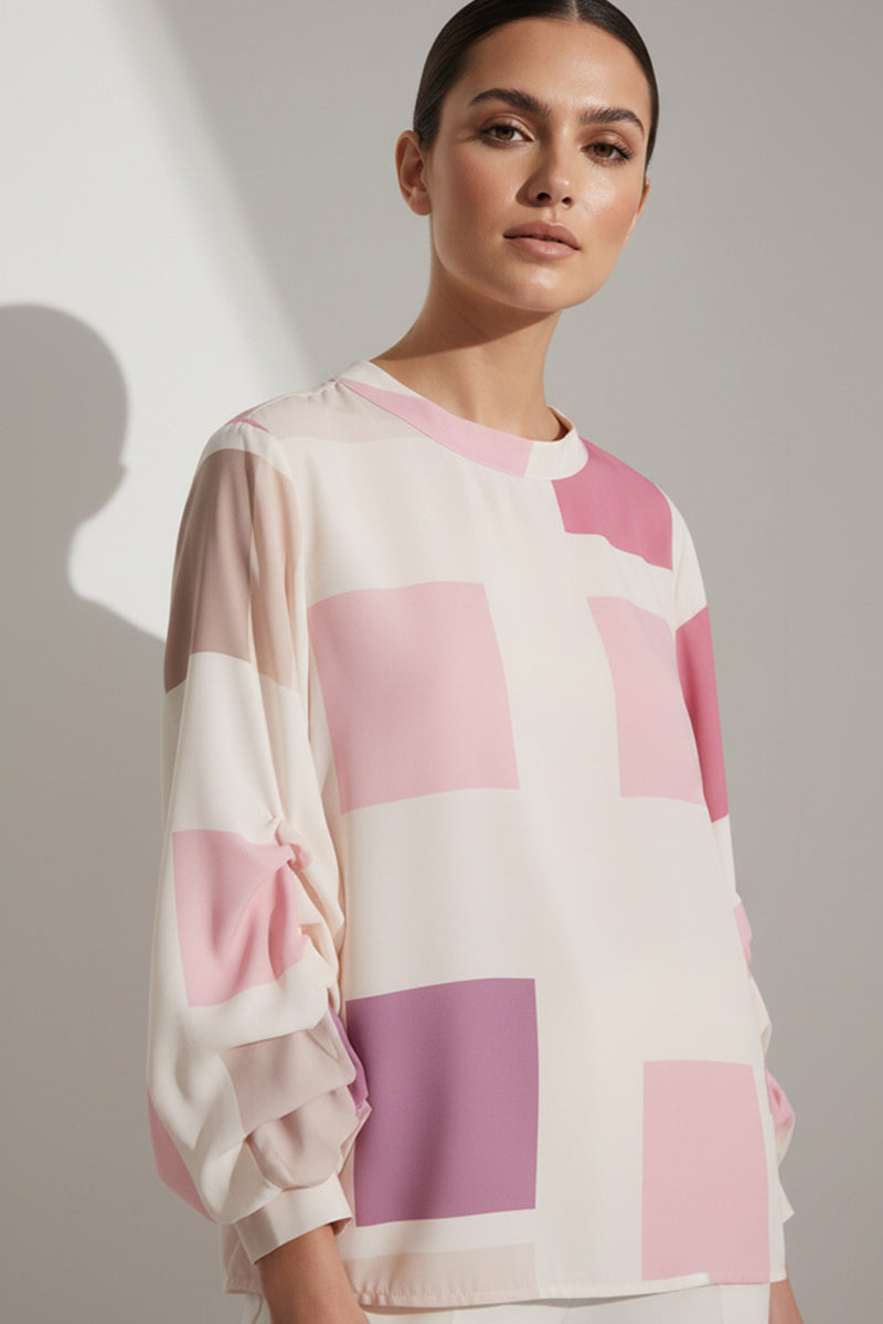 Γυναικεία εκρού μπλούζα με ροζ γεωμετρικό print και μακριά μανίκια
