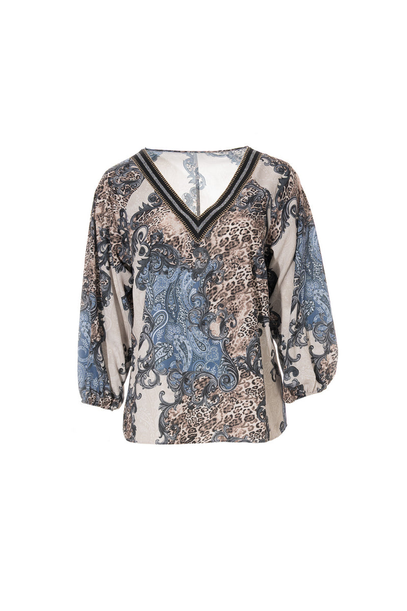 Μπλούζα εμπριμέ με V λαιμό και animal print-paisley σχέδιο Ellisargi Boutique