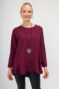 Oversized μπορντό μπλούζα με ασύμμετρο κόψιμο και βολάν στο τελείωμα – Ellisargi Boutique