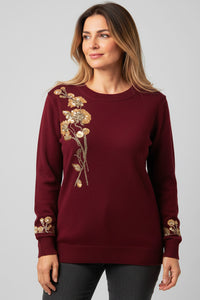 Μπορντό πλεκτή μπλούζα με χρυσά κεντήματα λουλουδιών στο στήθος και στα μανίκια