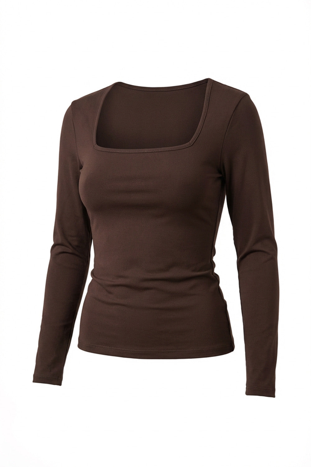 Καφέ γυναικεία μπλούζα με τετράγωνη λαιμόκοψη και μακρύ μανίκι σε εφαρμοστή γραμμή, φωτογραφημένη σε μοντέλο και σε λευκό φόντο.