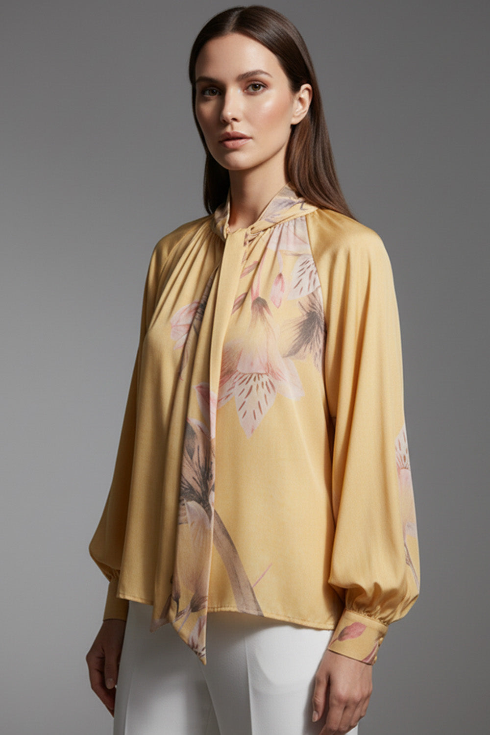 Μπλούζα με Δέσιμο στον Λαιμό & Floral Print – Μουσταρδί