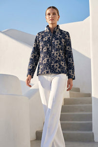 Navy γυναικείο jacket με εκρού floral κέντημα και όρθιο γιακά σε κομψή γραμμή