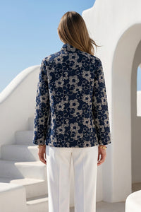 Navy γυναικείο jacket με εκρού floral κέντημα και όρθιο γιακά σε κομψή γραμμή