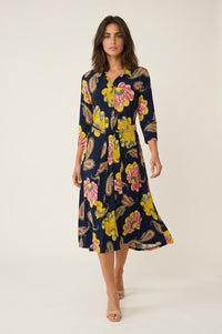 Navy midi shirt dress με floral και paisley print και δέσιμο στη μέση.