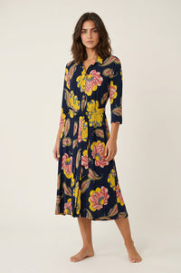 Navy midi shirt dress με floral και paisley print και δέσιμο στη μέση.