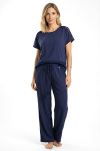 Navy γυναικείο σετ με μπλούζα δαντέλα και παντελόνα με κορδόνι σε άνετη γραμμή