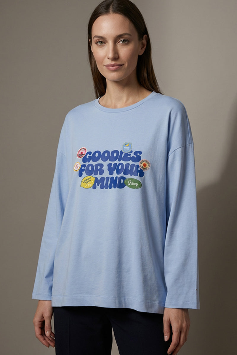 Oversized γαλάζια μπλούζα με print Goodies For Your Mind και μακρύ μανίκι