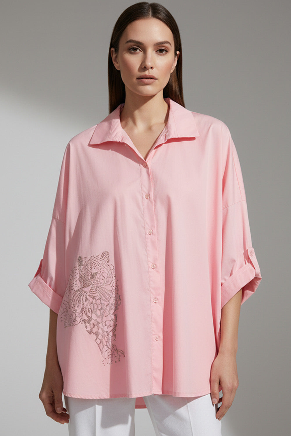 Γυναικείο oversized πουκάμισο ροζ πούδρα με διακοσμητικό μοτίβο και γυριστά μανίκια από Ellisargi Boutique