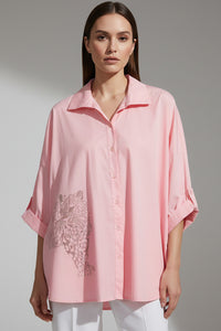 Γυναικείο oversized πουκάμισο ροζ πούδρα με διακοσμητικό μοτίβο και γυριστά μανίκια από Ellisargi Boutique