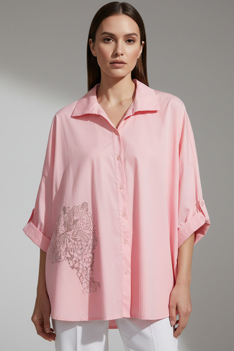 Γυναικείο oversized πουκάμισο ροζ πούδρα με διακοσμητικό μοτίβο και γυριστά μανίκια από Ellisargi Boutique