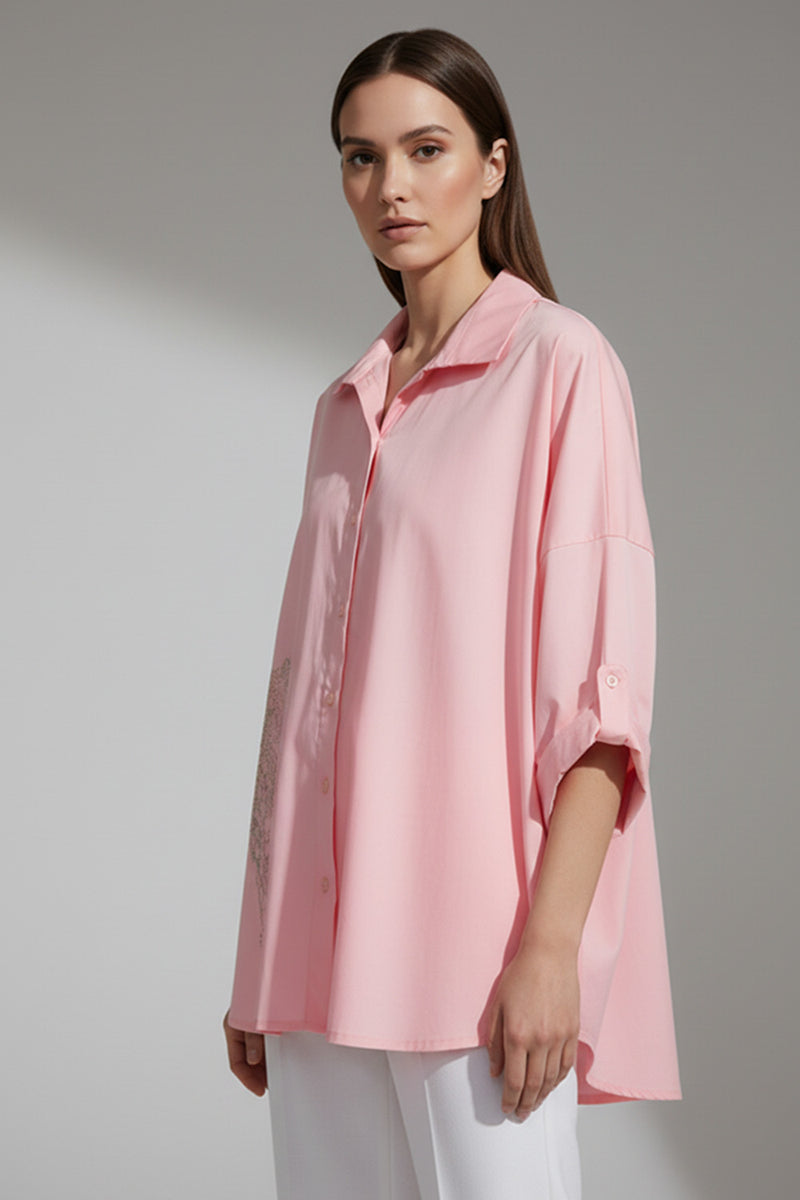 Γυναικείο oversized πουκάμισο ροζ πούδρα με διακοσμητικό μοτίβο και γυριστά μανίκια από Ellisargi Boutique