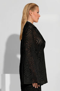 oversized μαύρο σακάκι από πλεκτή δαντέλα με πέτο και μακριά μανίκια