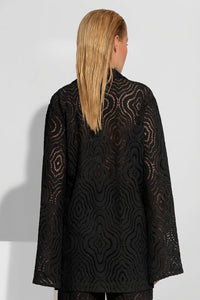 oversized μαύρο σακάκι από πλεκτή δαντέλα με πέτο και μακριά μανίκια