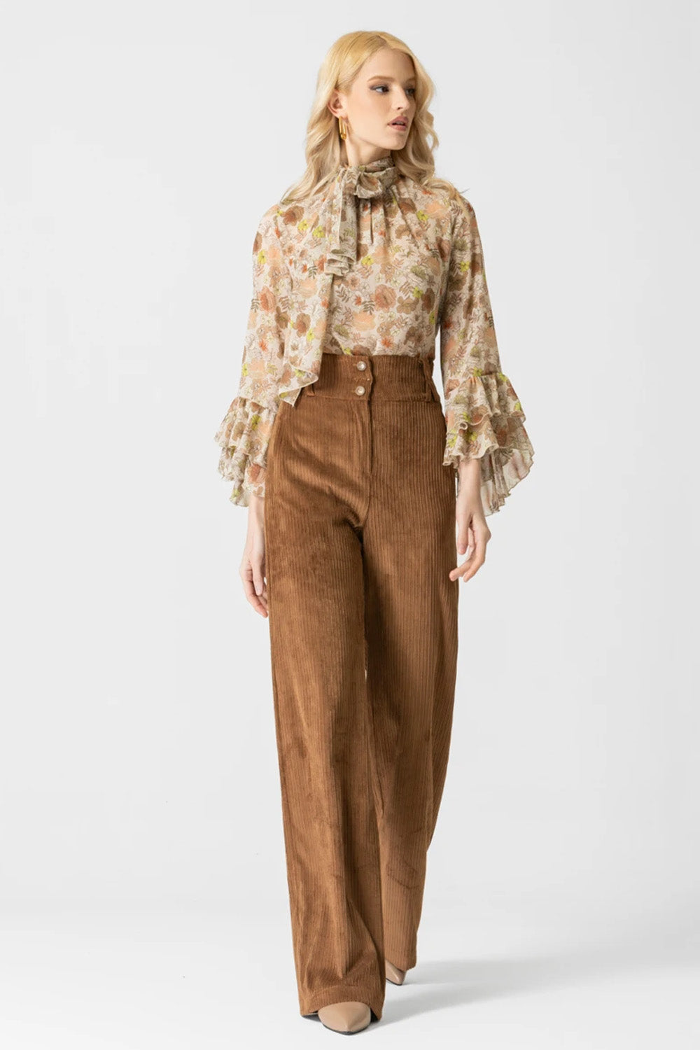 Καφέ παντελόνι κοτλέ Amsterdam με ψηλή μέση και φαρδιά γραμμή