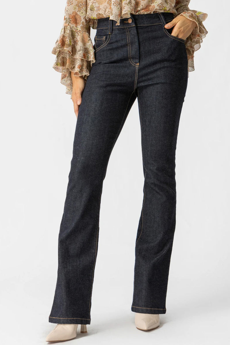 Σκούρο μπλε πλυμένο jean με καμπάνα και ψηλή μέση