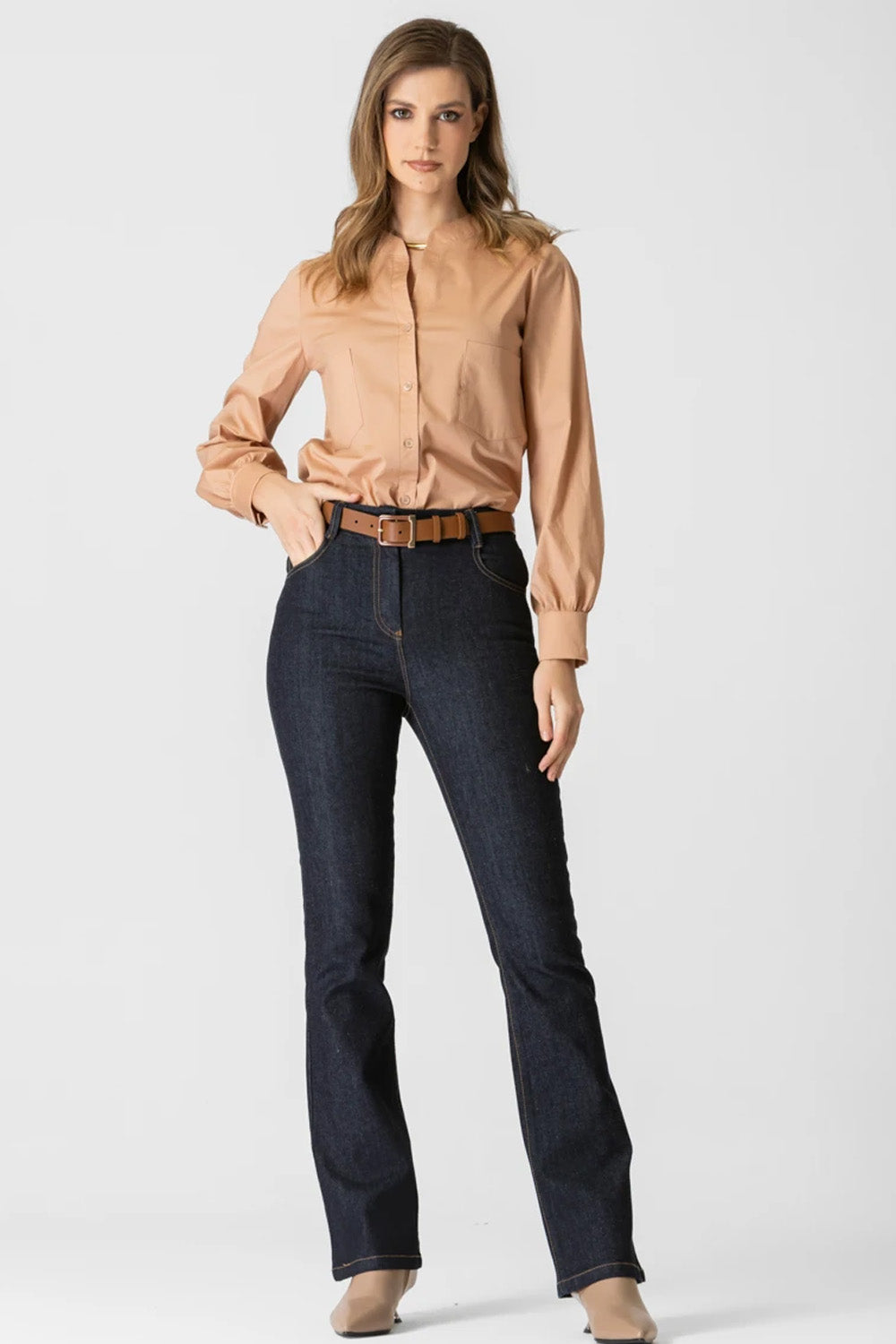 Σκούρο μπλε πλυμένο jean με καμπάνα και ψηλή μέση