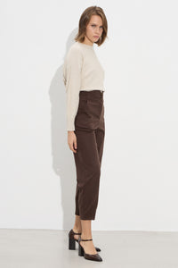 καφε ψηλόμεσο παντελόνι με λάστιχο και κουμπιά μπροστά – Ellisargi Boutique