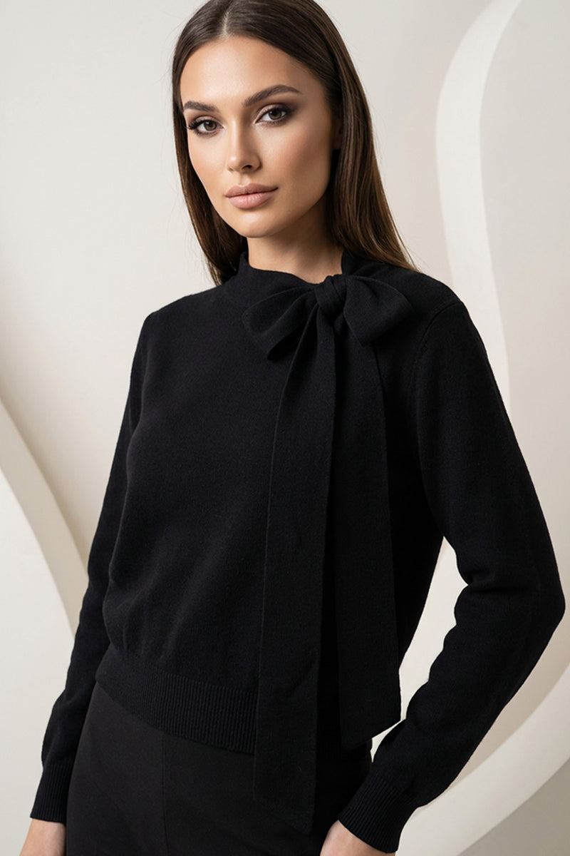 Πλεκτή μαύρη μπλούζα με φιόγκο στον λαιμό, κομψή γραμμή και μακριά μανίκια από την Ellisargi Boutique